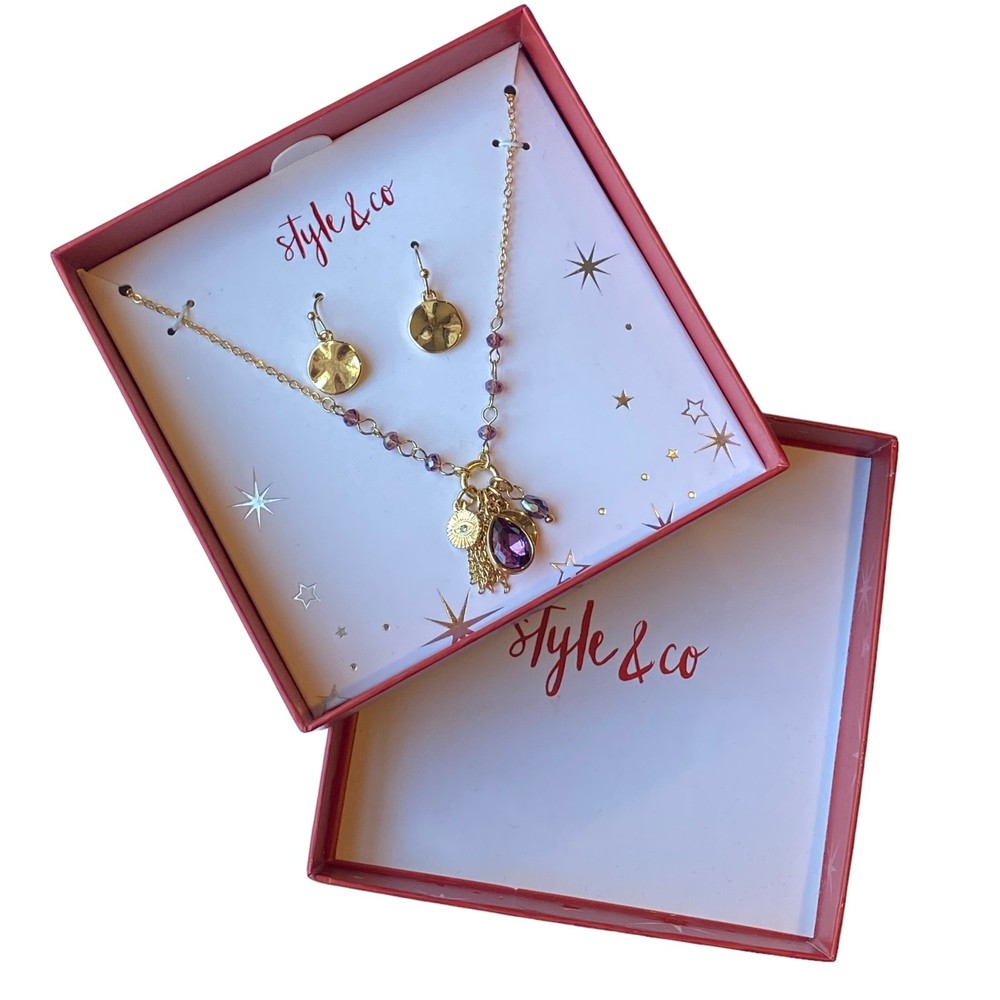 Style & Co Purple Charm Gold-Toned Necklace Earring Set NWT